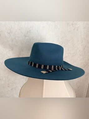 Brixton Teal Wide-Brim Wool Felt Fedora with Striped Band